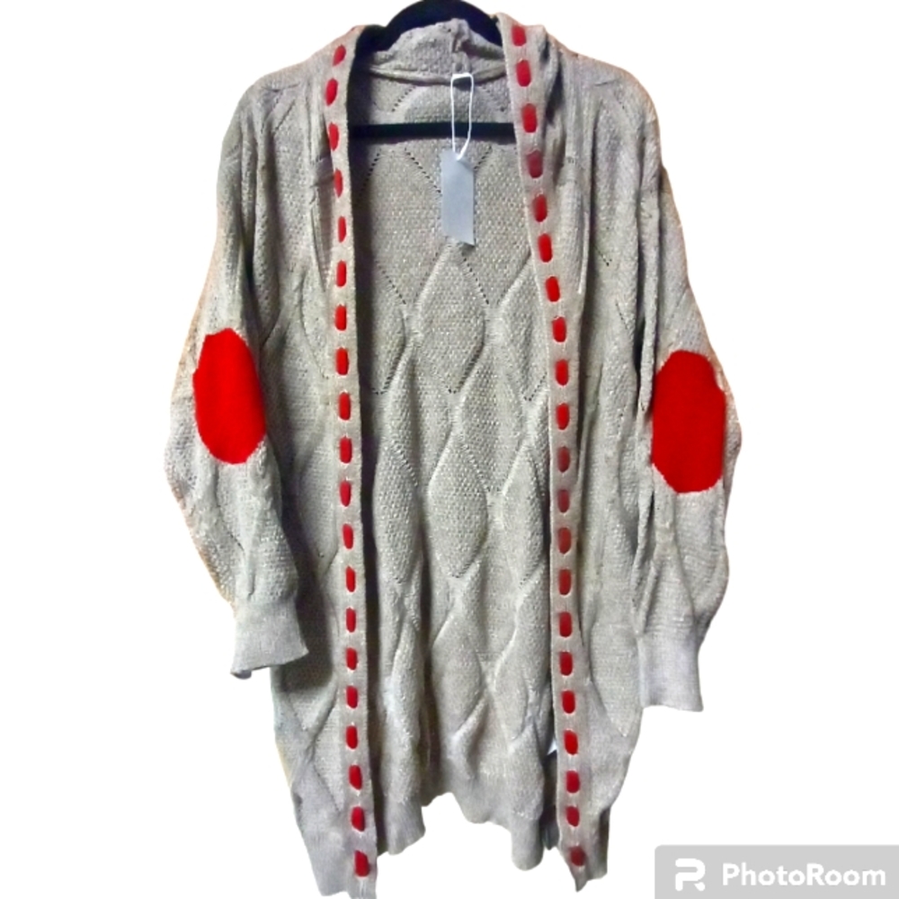 NWT Medium Knit Hoodie Open Front Cardigan Gray with Red Elbow patch